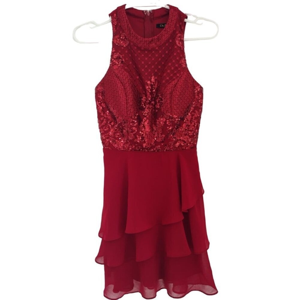 City Studio Chaps Red Sequin Lace Ruffle Hem Dress Sleeveless Zip Back  women´s